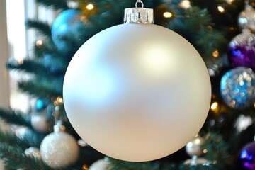 A single white ornament hangs elegantly on a Christmas tree, embodying classic holiday charm. The soft glow from surrounding lights enhances its simplicity and elegance.