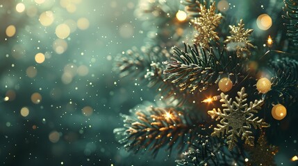 Fototapeta premium A festive close-up of a decorated New year tree with snowflakes and lights.