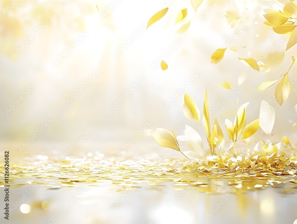Poster a serene scene with golden leaves floating in soft light, creating a tranquil atmosphere.