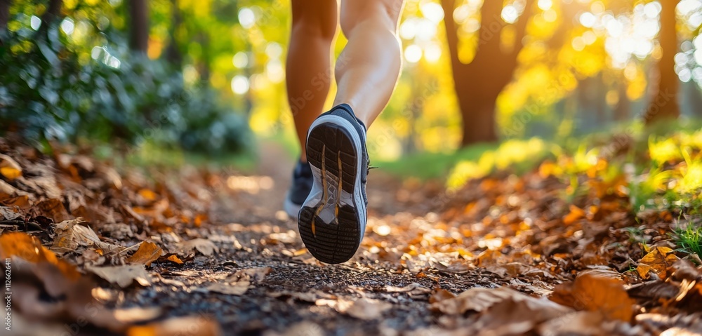 Poster A runner enjoys the vibrant colors of fall while jogging on a nature trail. The sunlight filters through the trees, creating a warm atmosphere.