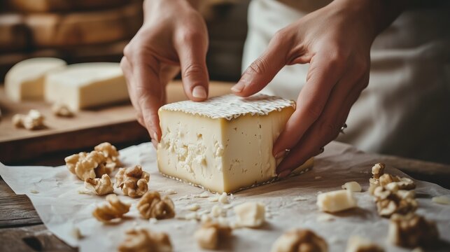 Chef placing block of cheese near walnuts on parchment paper