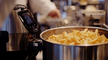 Steaming hot french fries in a commercial kitchen.