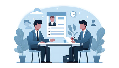 Prospective employee is interviewed for employment with professionals in business attire in an office setting. Memphis style vector illustration.