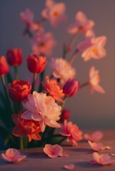 Obraz premium A vibrant arrangement of tulips and daffodils in various shades of pink and orange, illuminated by warm light