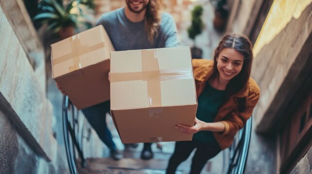 Happy couple carrying moving boxes up stairs.