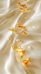 Naklejka premium A serene arrangement of golden decorative objects on soft, flowing fabric.