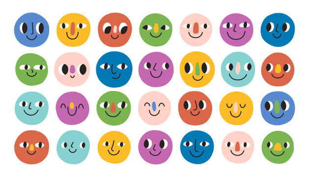 Naklejki Doodle colorful face set. Abstract smiling faces. Crayon drawing different characters. Cartoon style. Flat design. Hand drawn trendy illustration.