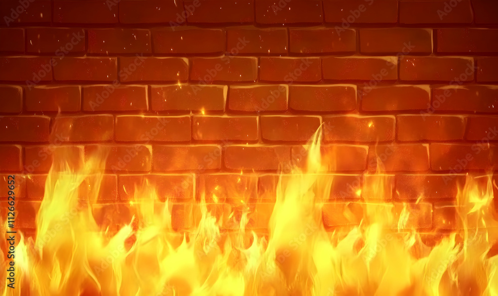 Poster fiery flames engulfing a brick wall, creating a dramatic and intense background image perfect for de