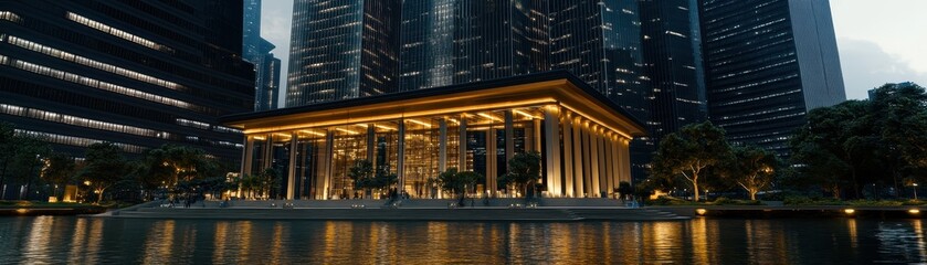 Fototapeta premium Captivating Cityscape with Illuminated Pavilion Reflected in Still Water