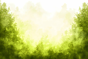 Serene watercolor painting of a lush green forest, perfect for nature-themed designs, backgrounds, or invitations.