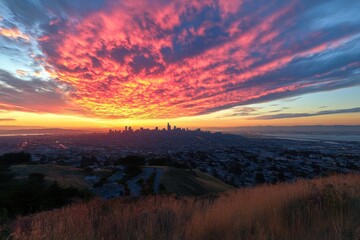 stunning sunset over a city skyline with vibrant clouds