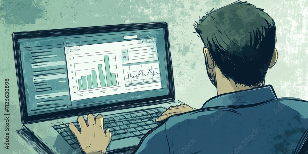 Poster analyzing data charts on laptop screen: a man focused on business analytics and financial graphs