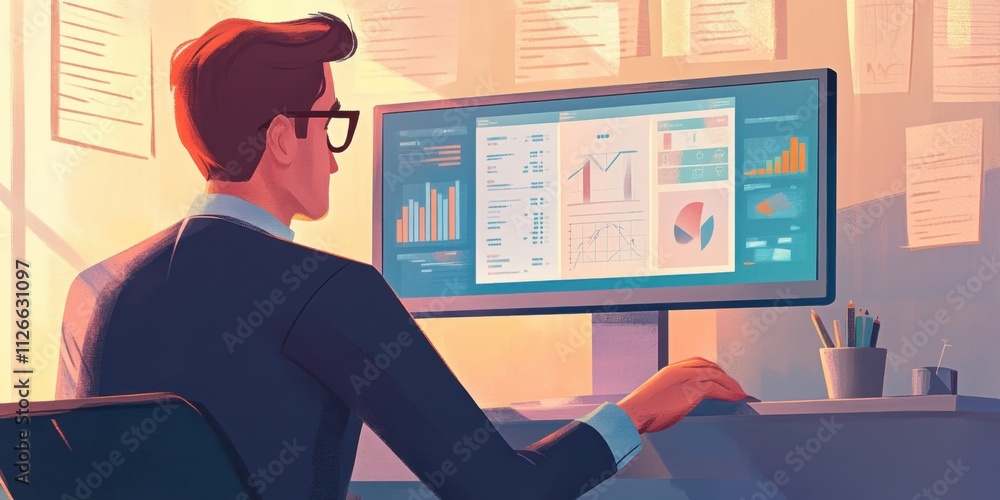 Poster data analyst reviewing key performance indicators on a large monitor at sunset