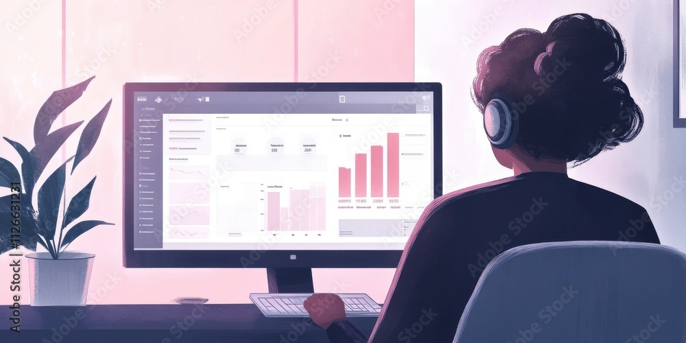 Aufkleber woman working from home analyzing data on computer screen business analytics dashboard workplace pro