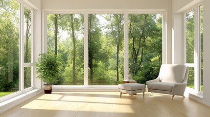 Fototapeta premium Serene Reading Nook Bathed in Natural Light with Large Windows Overlooking Lush Green Trees, Perfectly Framed for Tranquil Moments and Relaxation