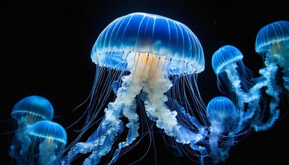 Stunning Blue Jellyfish Captured in Its Natural Habitat: A Mesmerizing Display of Bioluminescence and Graceful Movement Underwater