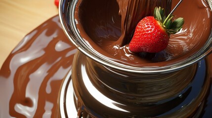 Strawberry dipped in melted chocolate fountain.