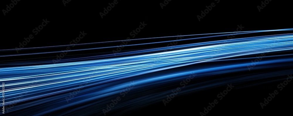 Poster blue light streaks on a black background with glowing horizontal lines in a high speed motion blur e