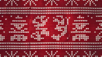 Fototapeta premium Festive knitted pattern in red and white featuring heart-shaped motifs and traditional decorative elements. Perfect for holiday sweaters, wrapping paper, and winter-themed designs.