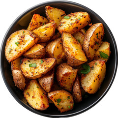 Top view of baked potato wedges on a dark porcelain dish isolated on a white transparent background