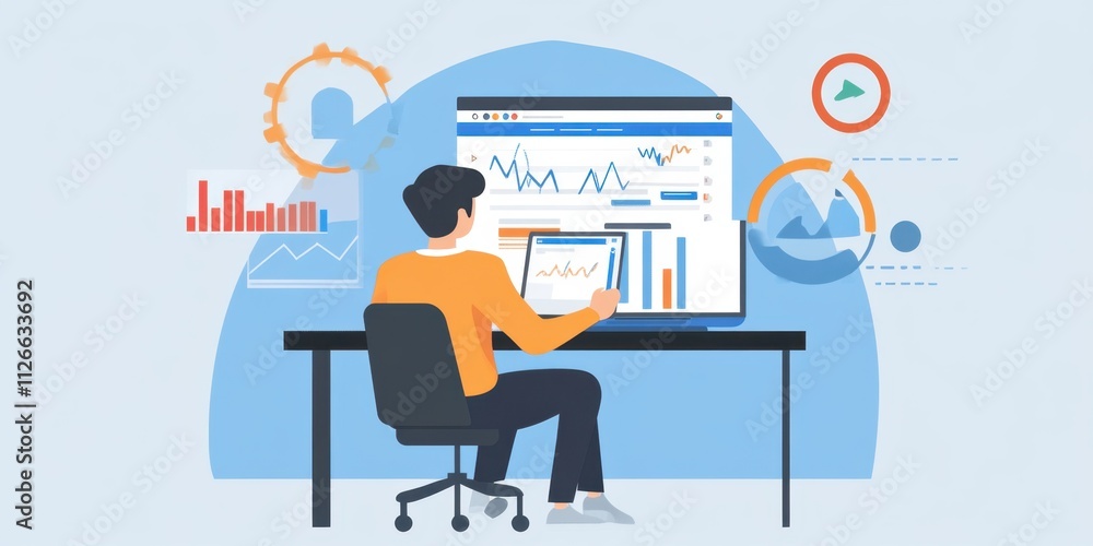Aufkleber data analyst working on business intelligence dashboard: analyzing charts and graphs for strategic d