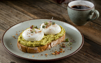 Avocado toast with poached eggs healthy food dish