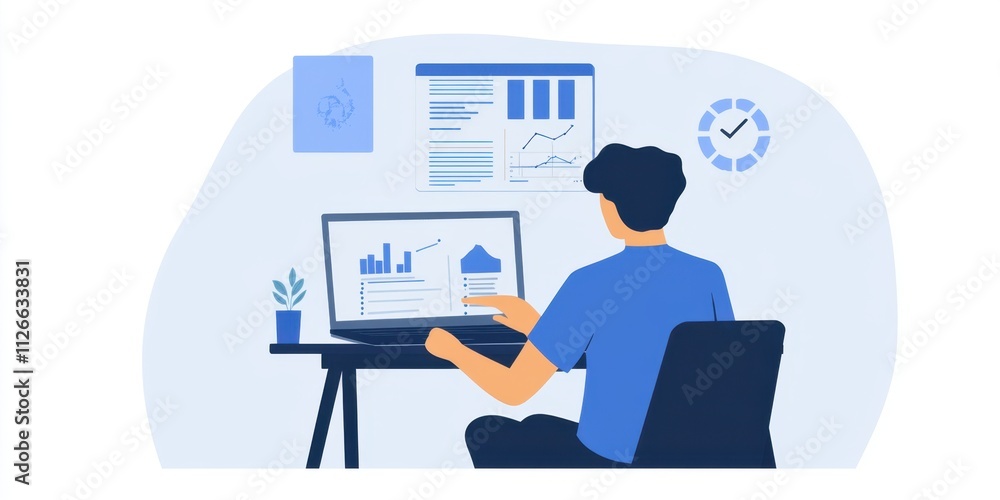 Aufkleber analyzing data graphs charts businessman working remotely on laptop computer desk office