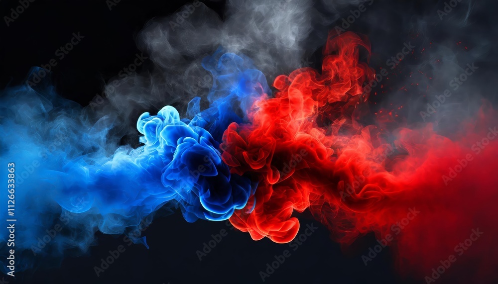 Poster stunning abstract neon flame cloud: blue vs red smoke effect on black background - a captivating vis