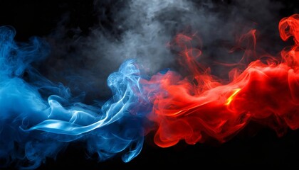 Stunning Abstract Blue vs Red Smoke Effect on Black Background: Neon Flame Cloud with Dust and Cold Vortex - A Captivating Visual Experience
