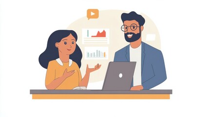 Fototapeta premium Diverse business colleagues working on marketing strategy at laptop together, talking at workplace. Indian mentor woman showing online project presentation to Intern man**