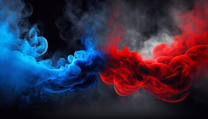 Captivating Blue vs Red Smoke Effect on Black Background: Abstract Neon Flame Cloud with Dust - Vivid and Striking Visuals for Creative Projects and Digital Art