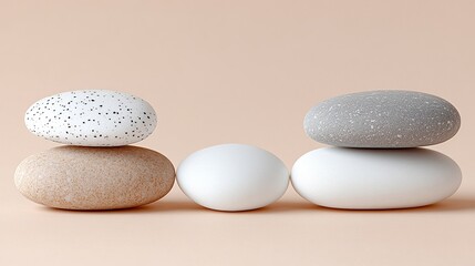 Three smooth gray stones speckled with lighter color are stacked on a light beige surface.