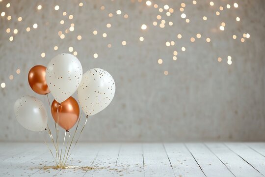 Elegant white and copper balloons surrounded by soft golden lights at a festive celebration
