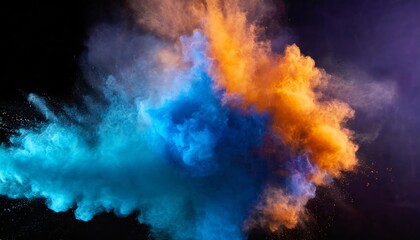 Vibrant Bluish Smoke Cloud of Colored Powder: A Stunning Display of Bright Orange, Purple, and Blue Hues Captured in a Dynamic and Artistic Composition
