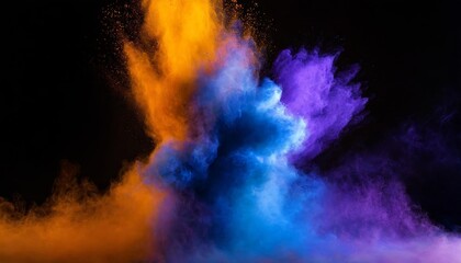 Vibrant Bluish Smoke Cloud of Colored Powder: A Stunning Display of Bright Orange, Purple, and Blue Hues Blending Together in a Dreamlike Atmosphere