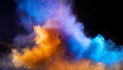 Vibrant Bluish Smoke Cloud of Colored Powder: A Stunning Fusion of Bright Orange, Purple, and Blue Hues Capturing the Essence of Celebration and Creativity in Motion