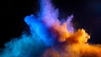 Vibrant Bluish Smoke Cloud of Colorful Powder in Bright Orange, Purple, and Blue - A Stunning Display of Artistic Expression and Dynamic Movement Captured in a Single Frame