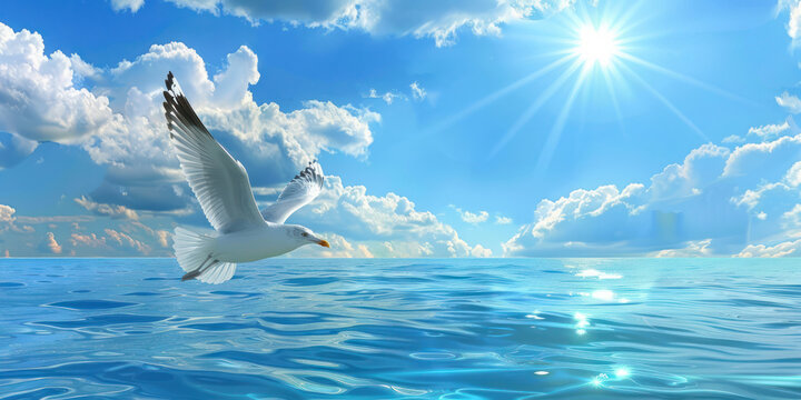 flying seagull on the background ocean seascape and blue sky cloud freedom - Powered by Adobe