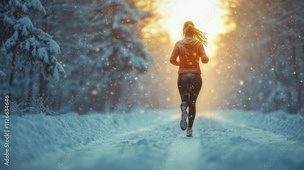 Aufkleber a person jogs along a snow-covered path surrounded by trees, with soft snowflakes falling and a beau