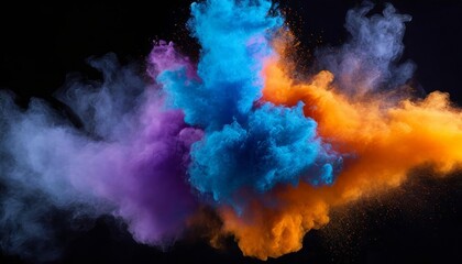 Vibrant Bluish Smoke Cloud of Colored Powder: A Stunning Display of Bright Orange, Purple, and Blue Swirls Captivating the Eye and Inviting Imagination in a Dynamic Artistic Composition