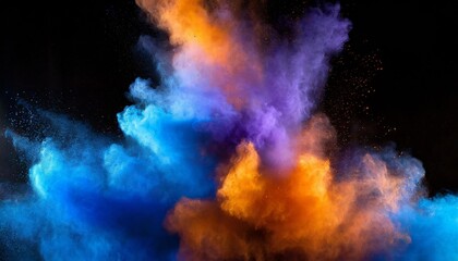 Vibrant Bluish Smoke Cloud of Colored Powder: A Stunning Display of Bright Orange, Purple, and Blue Hues Captured in a Dynamic and Ethereal Scene of Artistic Expression and Visual Splendor