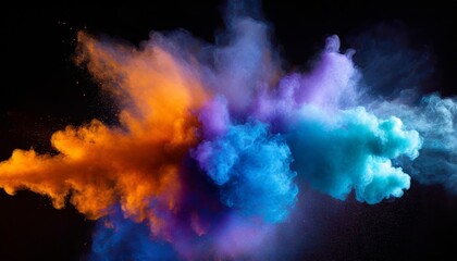 Vibrant Bluish Smoke Cloud of Colored Powder: A Stunning Fusion of Bright Orange, Purple, and Blue Hues Capturing the Essence of Artistic Expression and Celebration in a Dynamic Visual