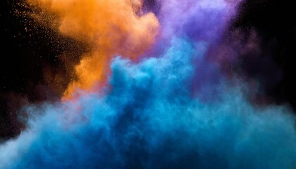 Vibrant Bluish Smoke Cloud of Colored Powder: A Stunning Fusion of Bright Orange, Purple, and Blue Hues Capturing the Essence of Celebration and Creativity in an Artistic Explosion