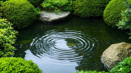 A serene garden pond with ripples, surrounded by lush greenery and stones.