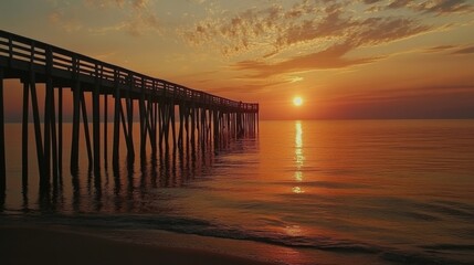 Obraz premium serene sunset over calm waters with a wooden pier