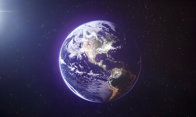 Fototapeta premium Stunning view of Earth from space, showcasing continents, city lights, and starry backdrop. Perfect for environmental, science, or travel themes.