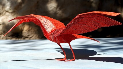 A bright red origami bird, likely an ibis with outstretched wings on a light surface.

