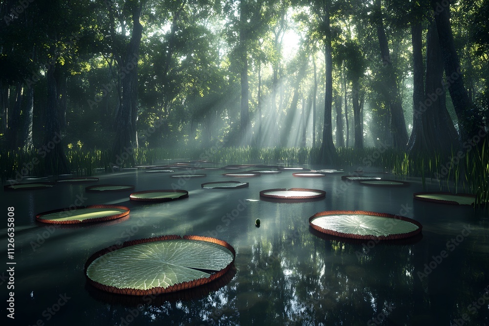 Aufkleber a serene swamp scene with lily pads and sunlight filtering through trees.