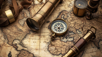 An old collection of a compass, telescope, and rare items displayed on an antique world map in a vintage style.