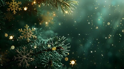 Fototapeta premium A festive scene featuring pine branches, snowflakes, and sparkling lights.